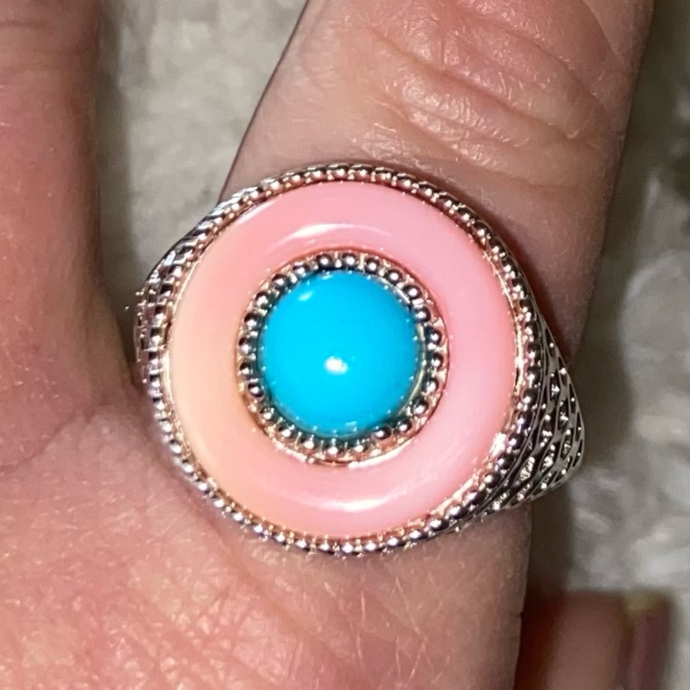 NWT Sleeping Beauty Turquoise & Pink Mother of Pearl Ring in .925 Sterling - Picture 5 of 8